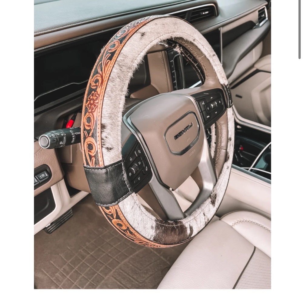 Cow Print and Leather Steering Wheel Cover